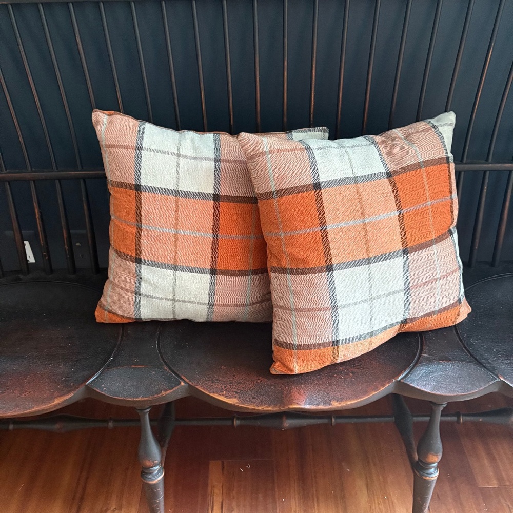 Set of Two (2) Handmade 16" Ultra Soft Cotton Orange Plaid Pillows